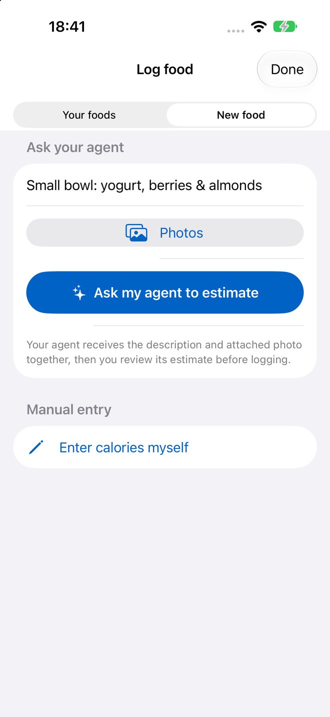 Log food screen with a description of a new food and a button to ask your agent to estimate it.